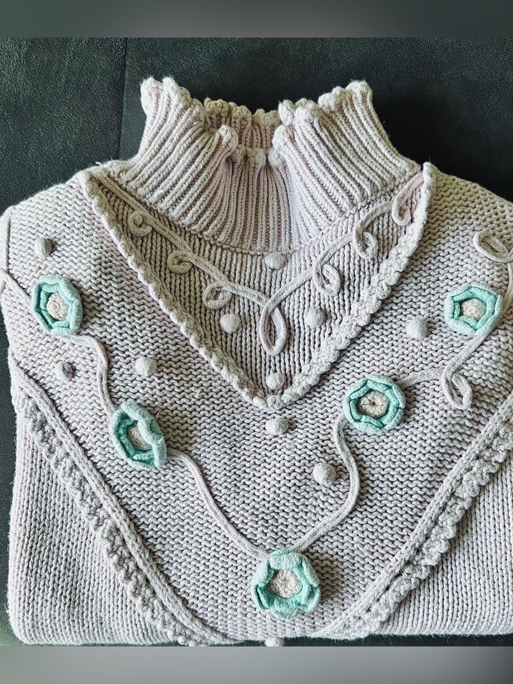 Cream Knit Turtleneck Sweater with Mint Floral Appliqué